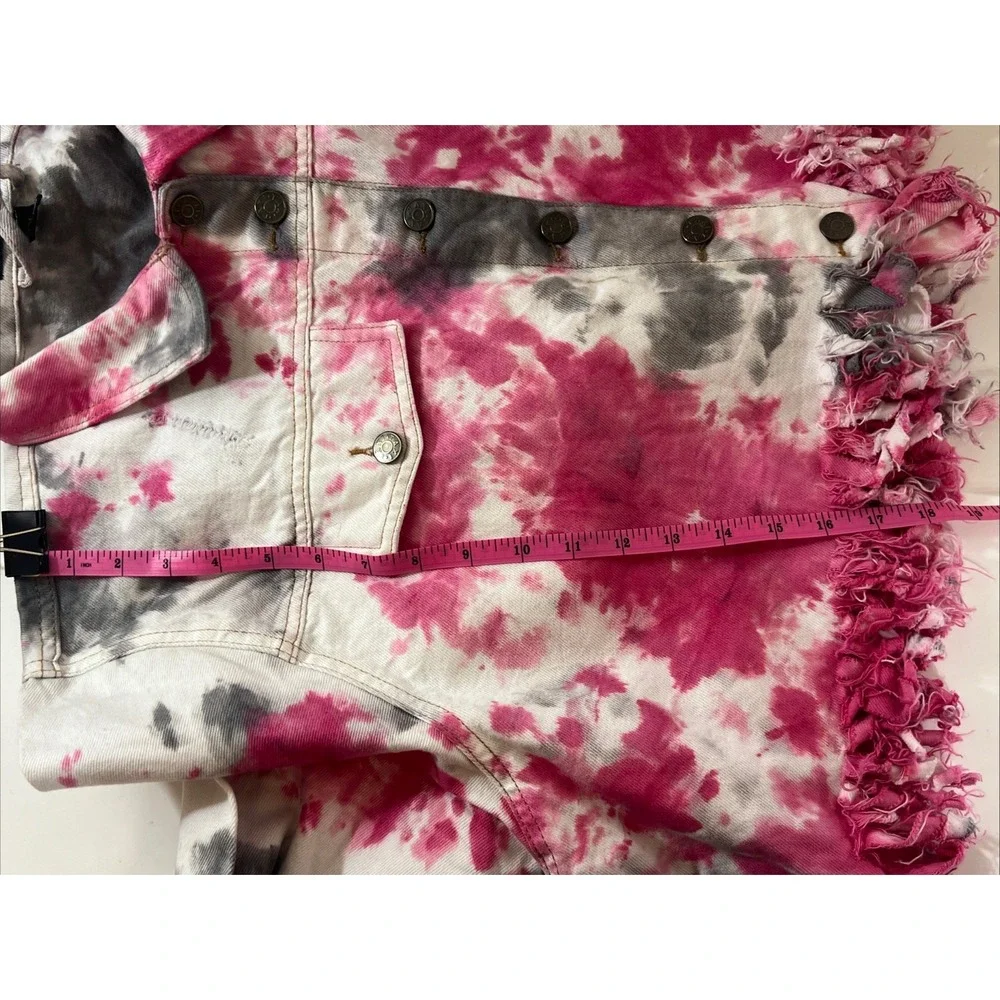 TAXI Cropped Jacket Pink Women's‎ 2X Tie Dye Retro Denim Distressed Tassle Art